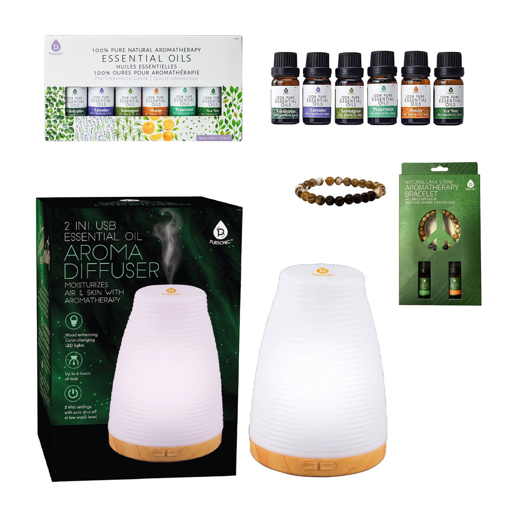 Pursonic Essential Oil Wellness Bundle — Diffuser, 6 Oils & Lava Bracelet