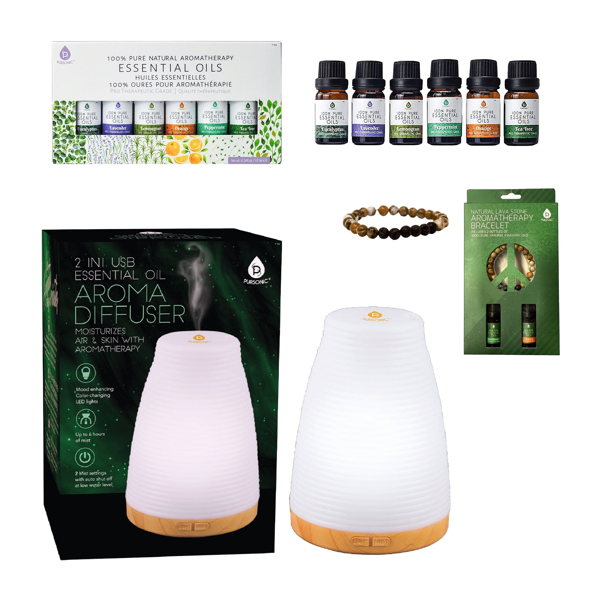 Pursonic Essential Oil Wellness Bundle — Diffuser, 6 Oils & Lava Bracelet